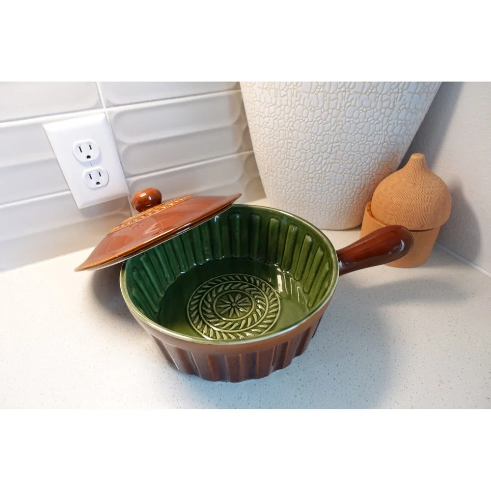 Savinio Brown & Green Glazed Ceramic Baker Pan Casserole Dish with Lid Oven Safe